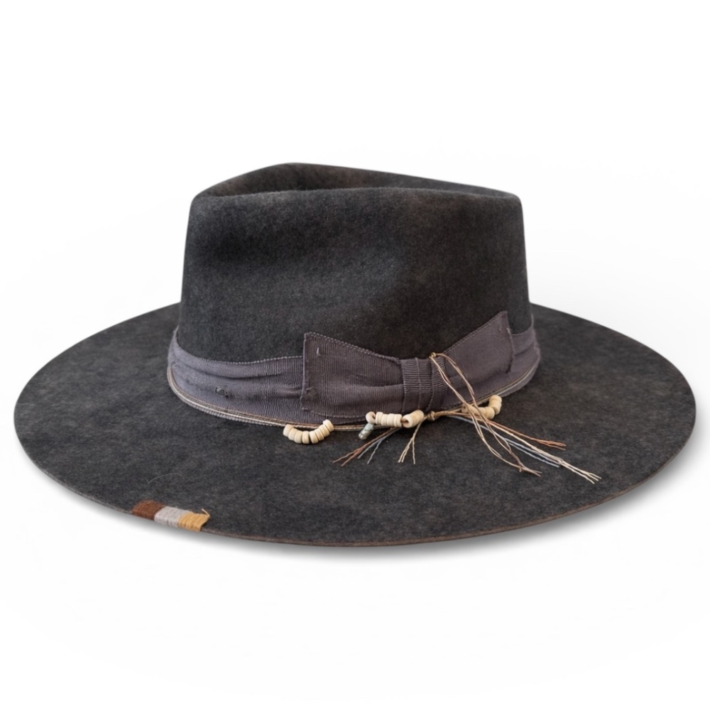 Wide Brim Felt Fedora Hat in Charcoal with Decorative Band